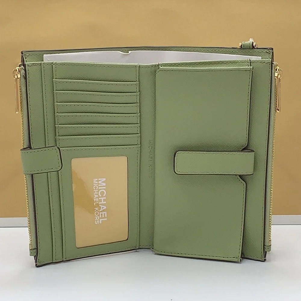 MICHAEL KORS LARGE DOUBLE ZIP WRISTLET WALLET LIGHT SAGE